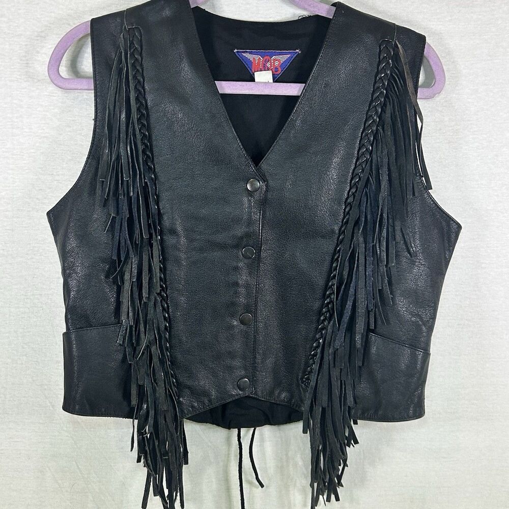Vintage MOB Genuine Black Leather Motorcycle Vest Womens Medium Tassels Biker